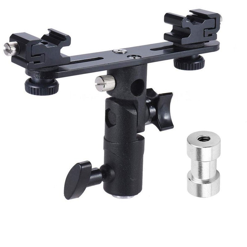 EXMAX E2 Adjustable Double Flash Bracket Dual Hot Shoe Speedlight Stand Umbrella Holder Light Stand Bracket Mount 1/4" to 3/8'' for Studio Video DSLR Camera - Image 1